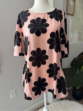 NWT Ann Taylor mod pink black abstract floral ruffle shift blouse size large